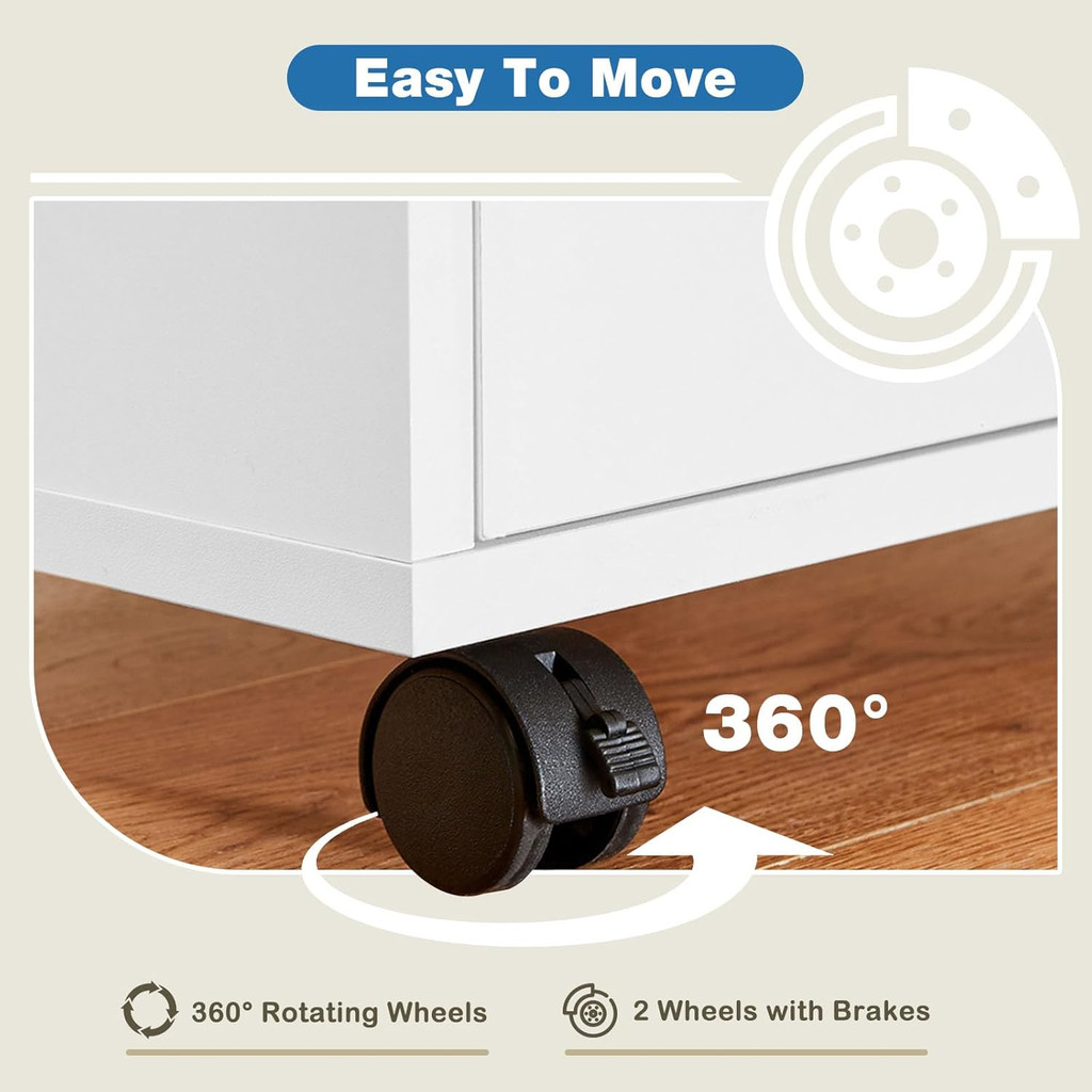 Easy to move with 360° rotating wheels and brakes
